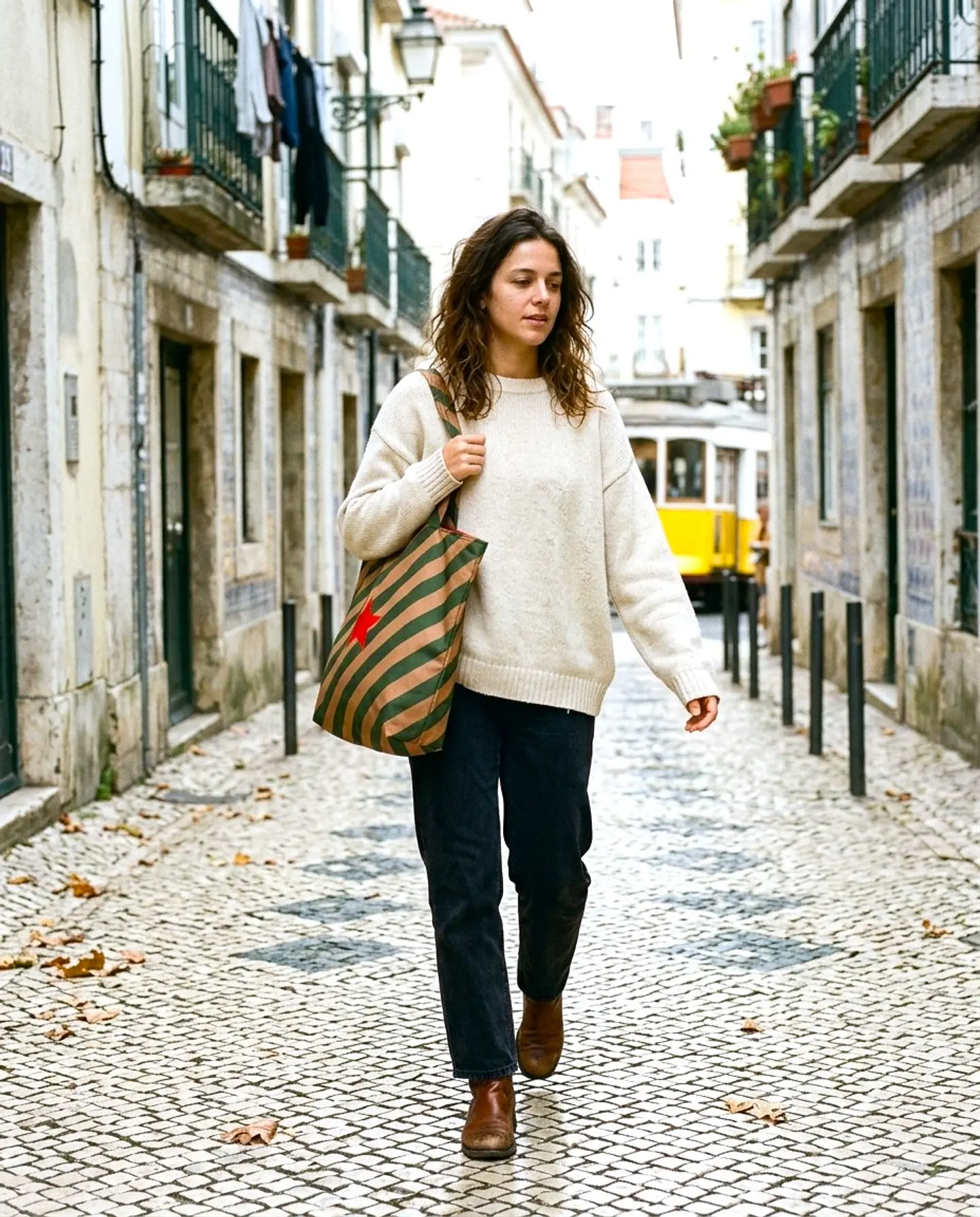 Cleo shopper | Riscas | Diagonais | Verde e castanho 1