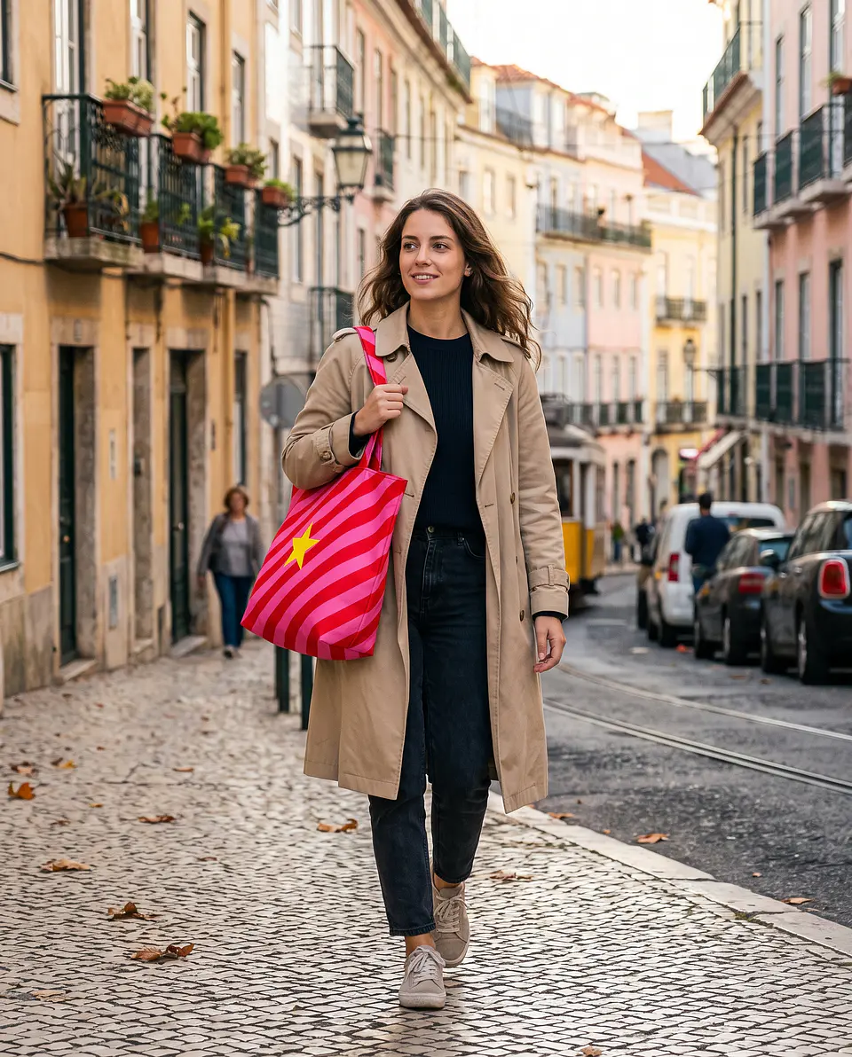 Cleo shopper | Riscas | Diagonais | Vermelho e rosa 1