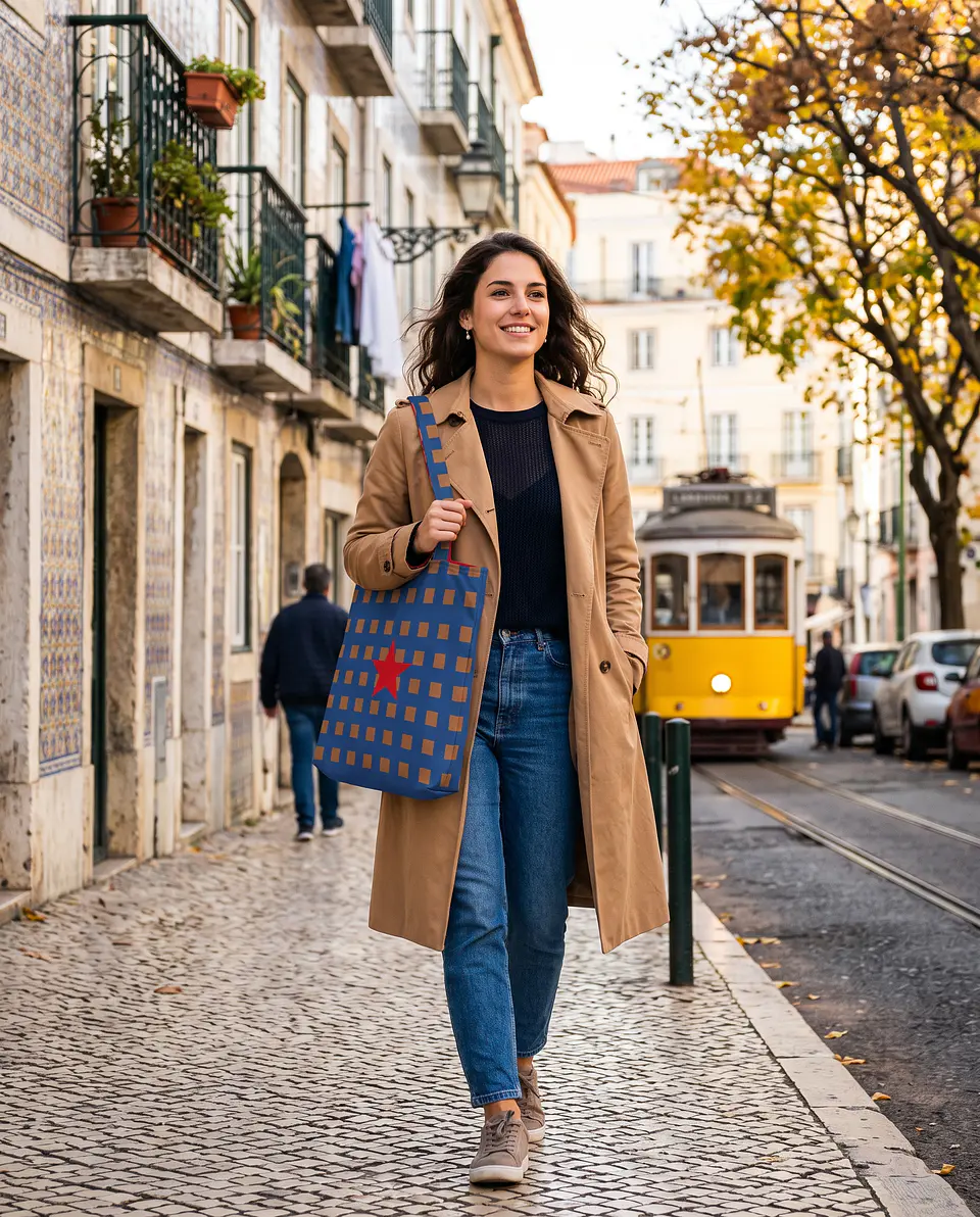 Cleo shopper | Quadrados | Azul e castanho 1
