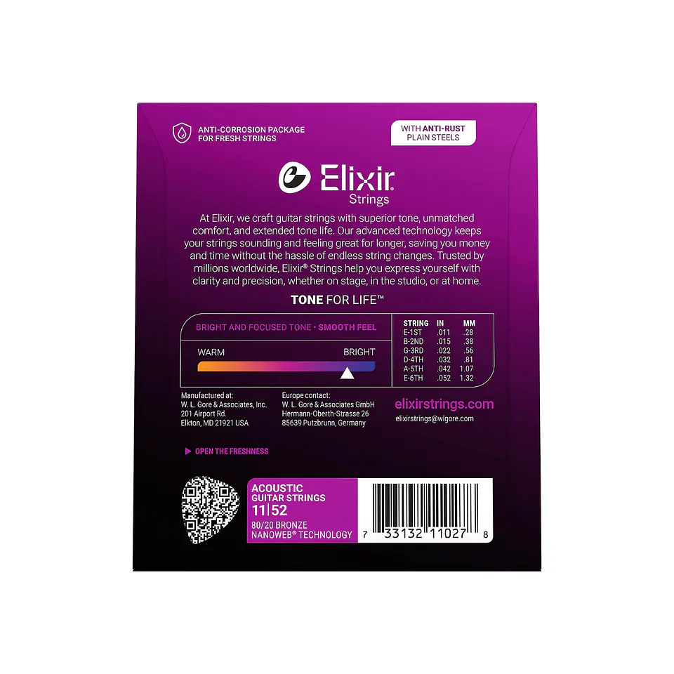Cuerdas Elixir 80/20 Bronze para Guitarra Acústica con Recubrimiento NANOWEB® – Custom Light (.011–.052) 3