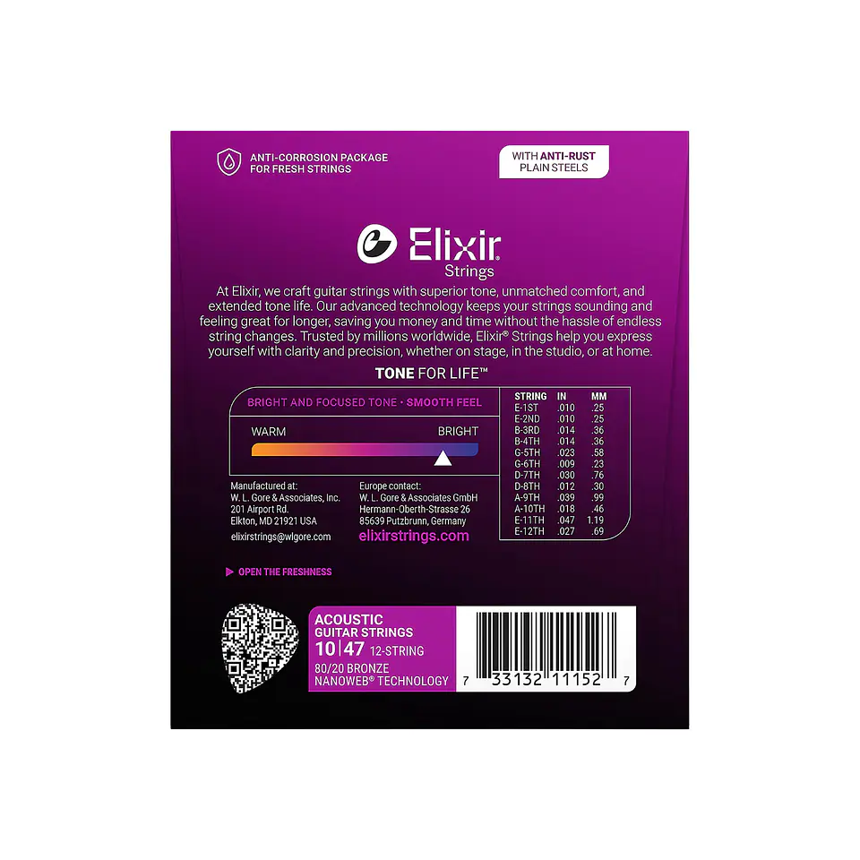 Cuerdas Elixir 80/20 Bronze para Guitarra Acústica de 12 Cuerdas con Recubrimiento NANOWEB® – Light (.010–.047) 3