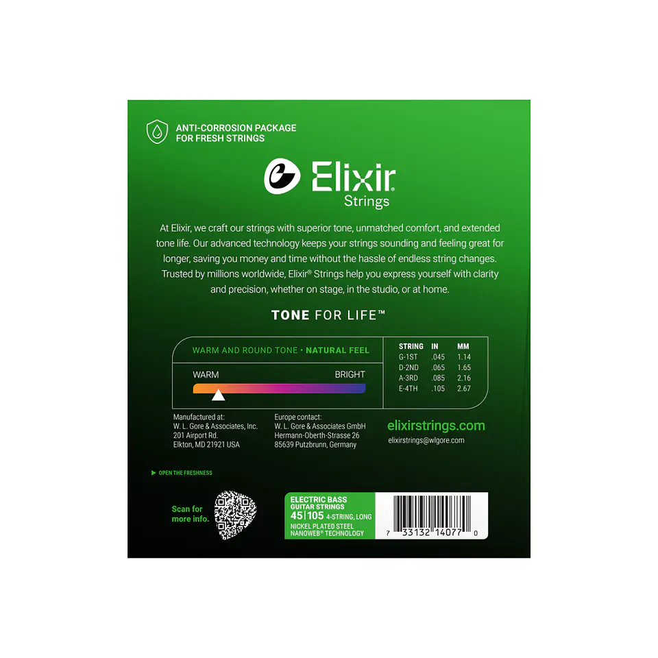 Cuerdas Elixir para Bajo Eléctrico 4 Cuerdas Long Scale con Recubrimiento NANOWEB® – Light/Medium (.045–.105) 2