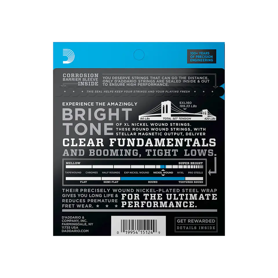 Cuerdas D'Addario EXL160 Nickel Wound para Bajo Eléctrico – Medium (.050–.105) 3