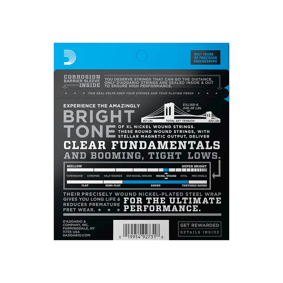 Cuerdas D'Addario EXL165-6 XL Nickel Wound para Bajo Eléctrico de 6 Cuerdas – Regular Light Top / Medium Bottom (.032–.135) 3