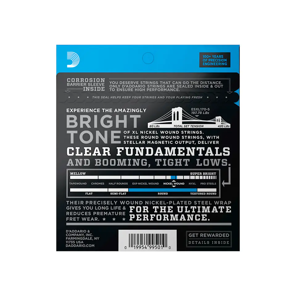Cuerdas D'Addario EXL170-5 XL Nickel Wound para Bajo Eléctrico de 5 Cuerdas – Regular Light (.045–.130) 3