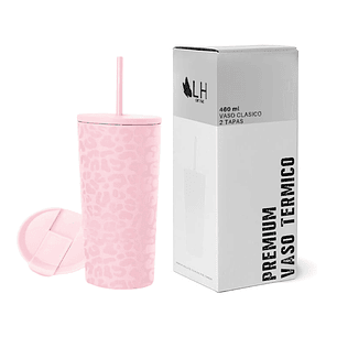 Vaso Térmico 460ml 2 Tapas Rosado Leop