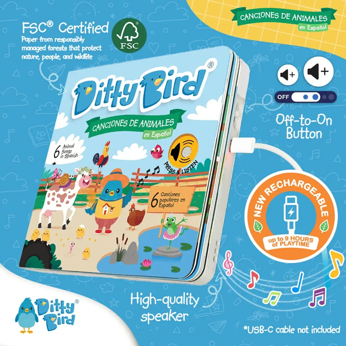 Libro Interactivo Musical Canciones de Animales en Español - Ditty Bird 2