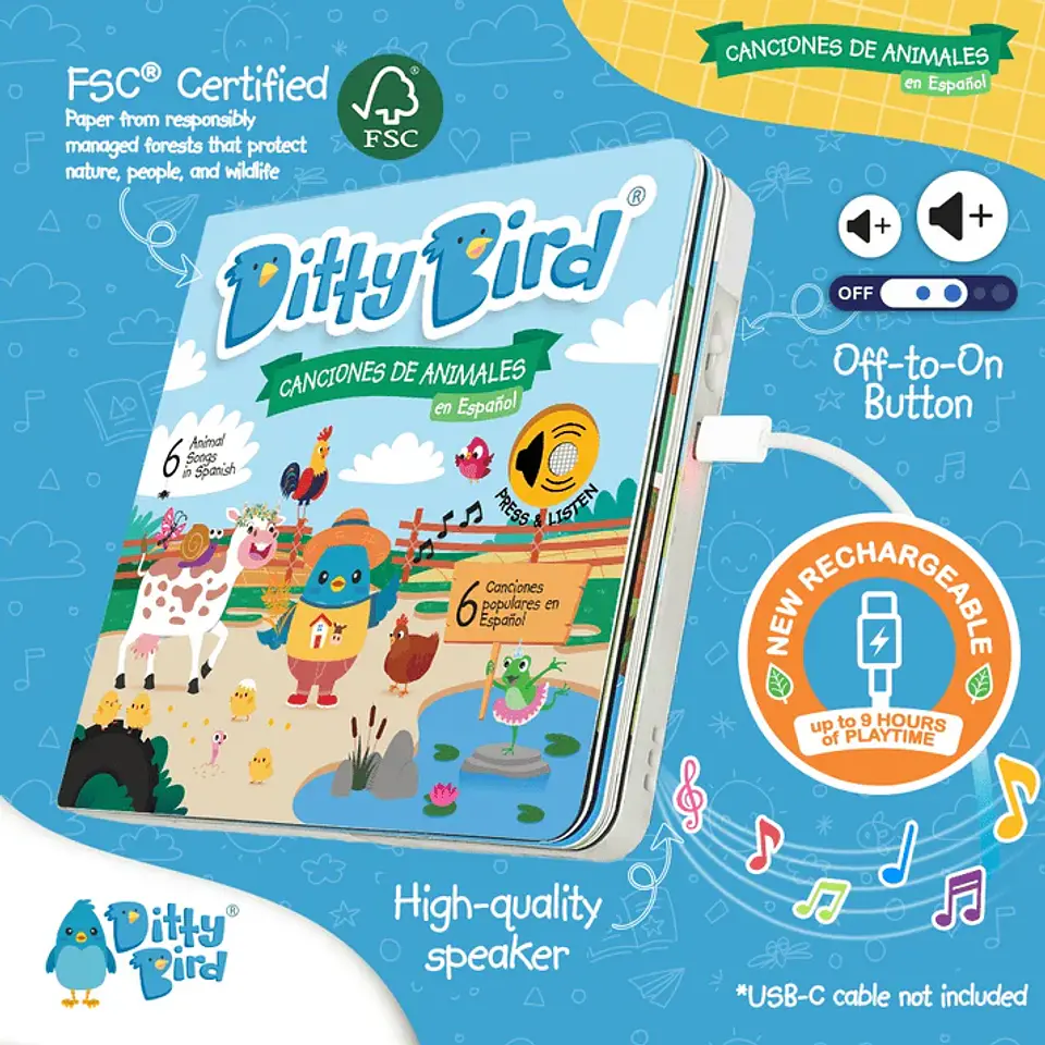 Libro Interactivo Musical Canciones de Animales en Español - Ditty Bird 2