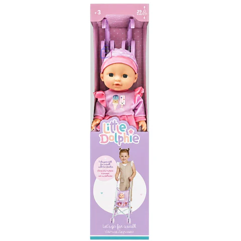 Muñeca Bebé con Coche Plegable de Paseo - Little Dolphie