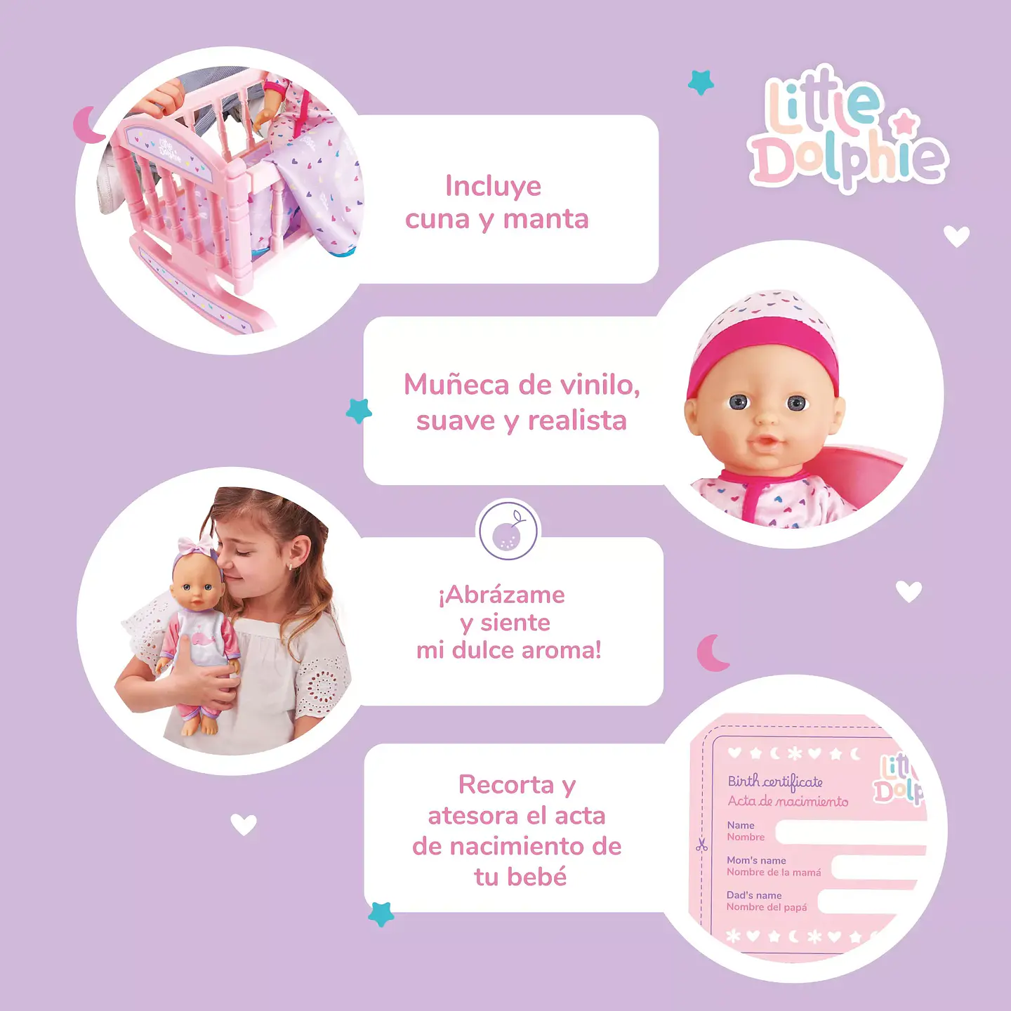 Muñeca Bebé con Cuna y Manta 29 cm – Little Dolphie 3