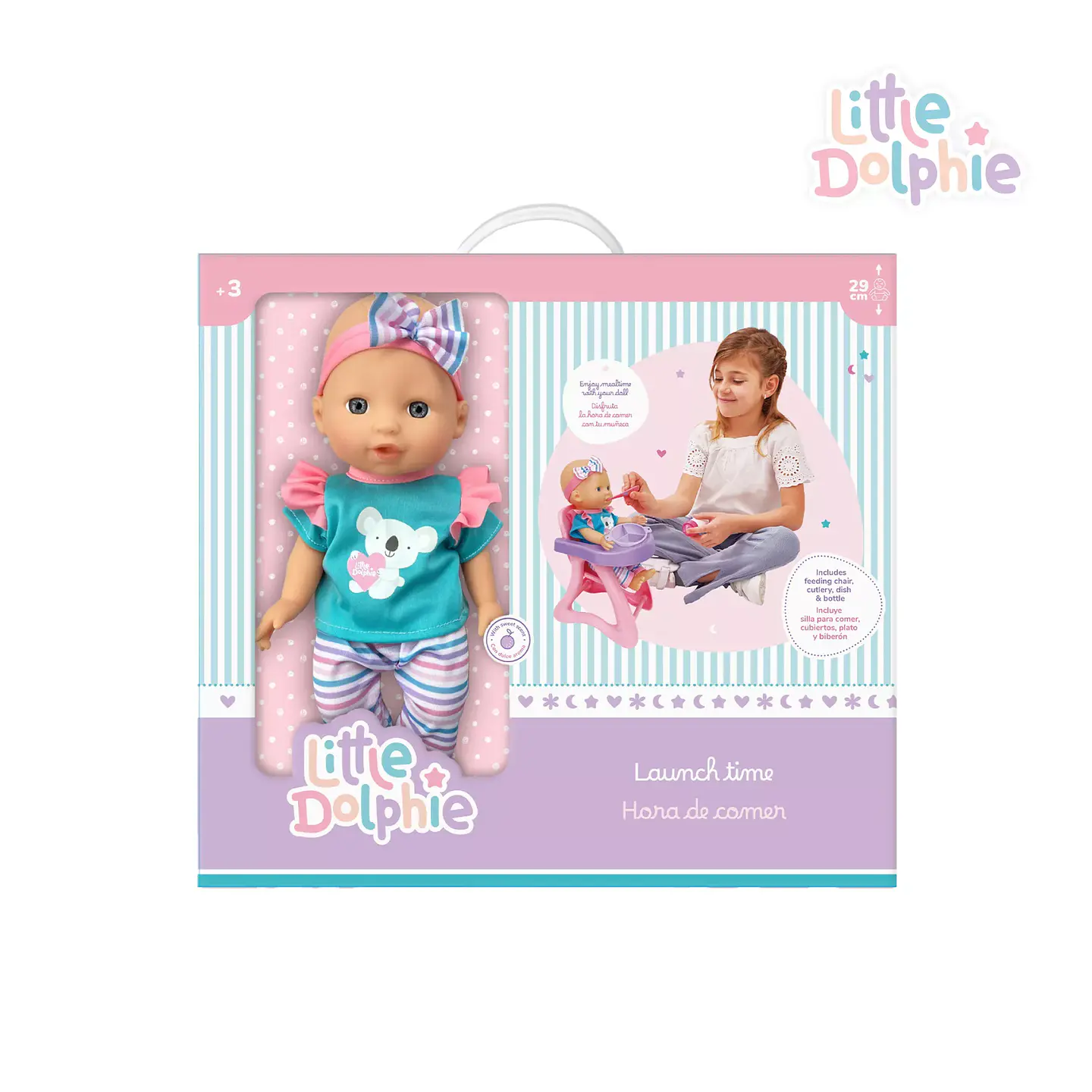 Muñeca Bebé con Silla, Mamadera y Accesorios 29 cm – Little Dolphie 1