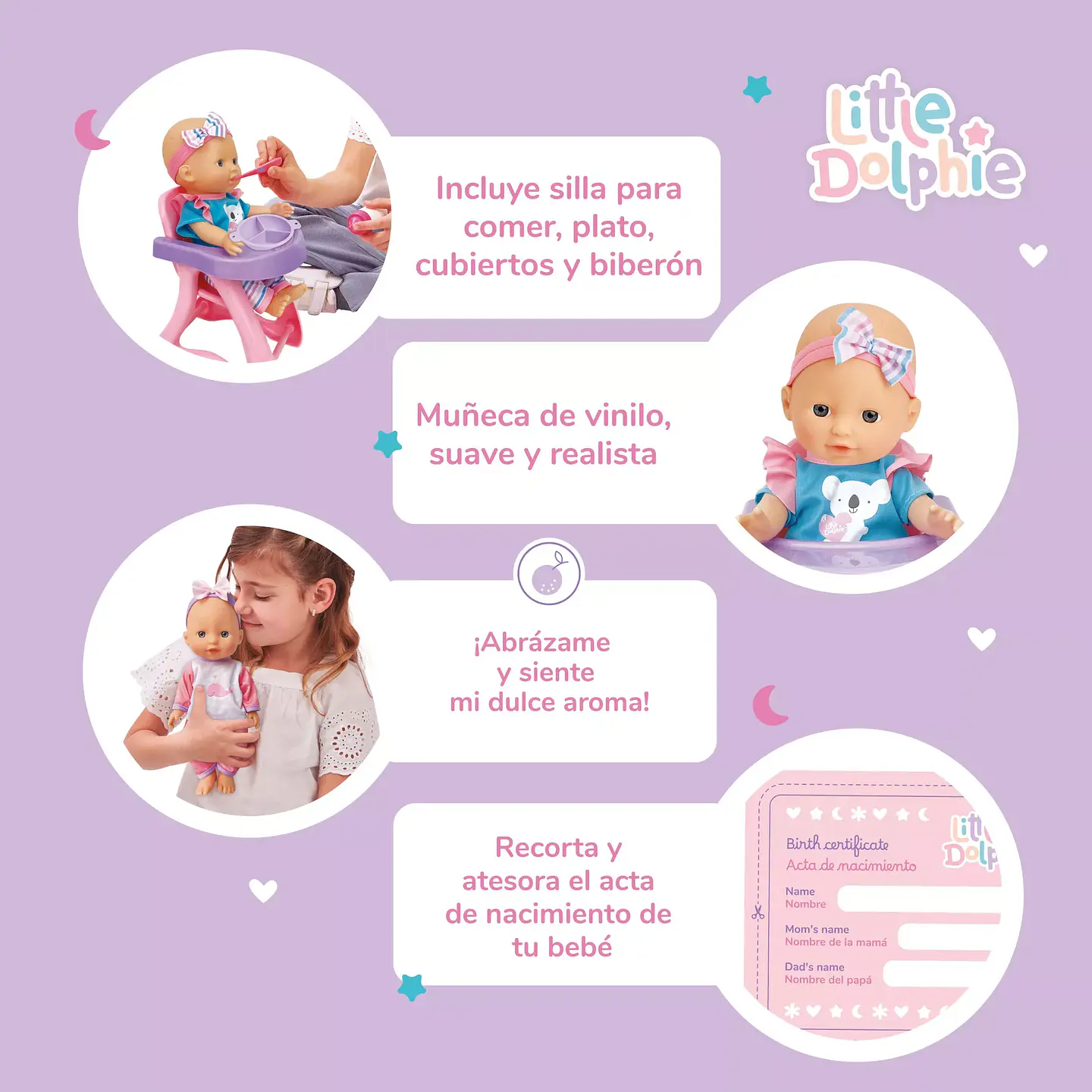 Muñeca Bebé con Silla, Mamadera y Accesorios 29 cm – Little Dolphie 3