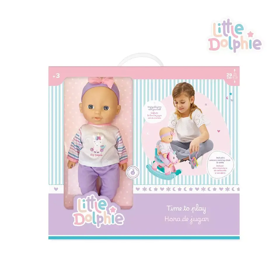 Muñeca Bebé con Mecedora Unicornio y Sonajero 29 cm – Little Dolphie 1