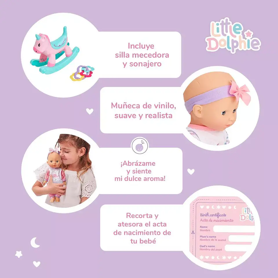 Muñeca Bebé con Mecedora Unicornio y Sonajero 29 cm – Little Dolphie 3