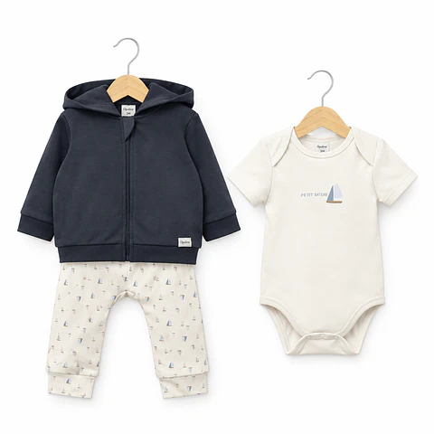 Conjunto 3 Piezas Polerón, Body y Pantalón Azul Bebé Niño – Opaline