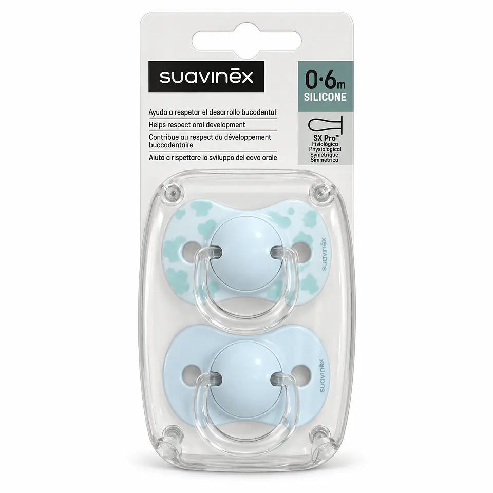 Pack 2 Chupetes SX Pro Silicona 0/6 meses Celeste - Suavinex 1