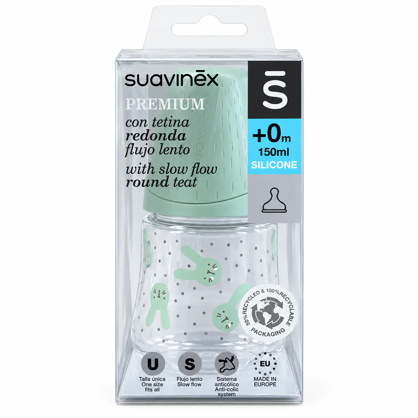 Mamadera con Tetina Redonda de Silicona Flujo Lento +0 meses 150 ml - Suavinex 1