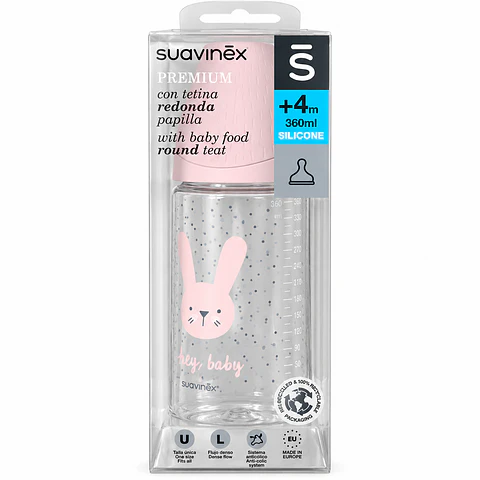 Mamadera Rabbit Tetina Redonda Rosa Flujo Denso 4 meses - Suavinex 