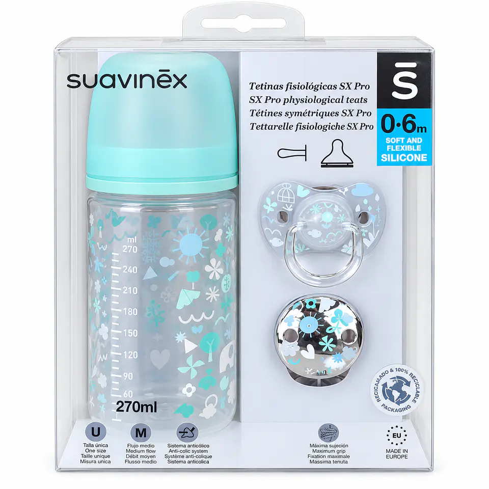 Set Suavinex SX Pro Mamadera 270 ml + Chupete y Broche Turquesa - Suavinex  1