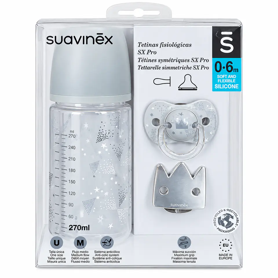 Set Suavinex SX Pro Mamadera 270 ml + Chupete y Broche Corona Gris - Suavinex 1