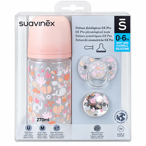 Set Suavinex SX Pro Mamadera 270 ml + Chupete y Broche Rosado - Suavinex 