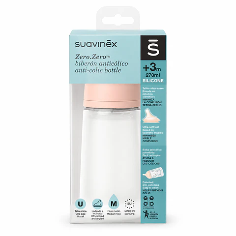 Mamadera Zero.Zero de 270ml con Tetina Fisiológica de Silicona Flujo Medio +3 meses - Suavinex