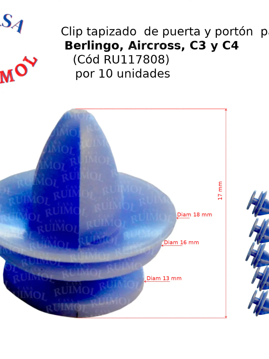Clip tapizados interiores para Citroen C3, C4, AirCross, Berlingo (x 10 unid) 1