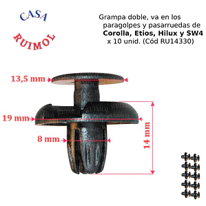 Clip de pasarruedas, paragolpes, tapizados de Etios, Corolla, Hilux y otros (x 10 unid)