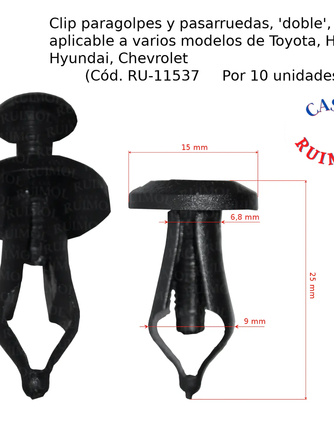 Clip doble, para fijación de paragolpes y rejilla Ford Ranger, Ecosport y otros (x 10 unid) 1