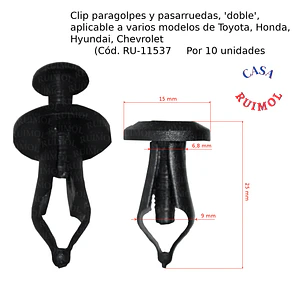 Clip doble, para fijación de paragolpes y rejilla Ford Ranger, Ecosport y otros (x 10 unid)