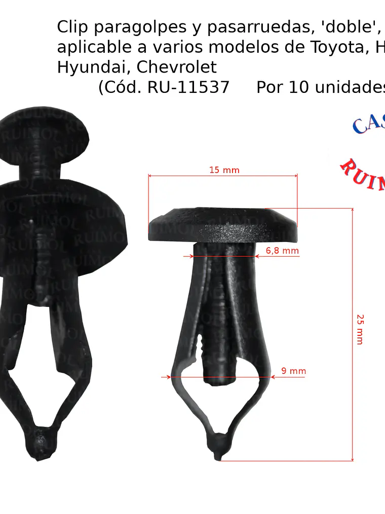 Clip doble, para fijación de paragolpes y rejilla Ford Ranger, Ecosport y otros (x 10 unid) 1
