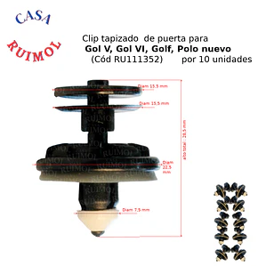 Clip tapizado VW Polo, Vento, Gol, Passat, Scirocco, etc (x 10 unid)
