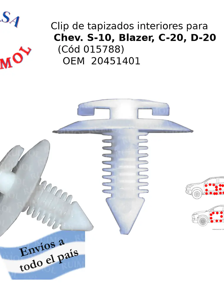 Clip tapizado Chevrolet S-10, Blazer, Onix, Prisma OEM 20451401 1