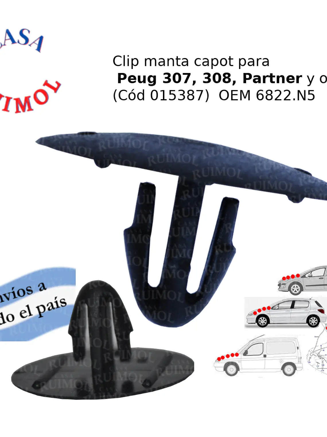 Clip manta capot Peug 206, 207, 307, Partner OEM 90467-T0014 1