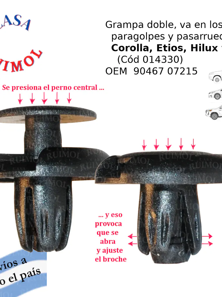 Clip de pasarruedas, paragolpes, tapizados de Etios, Corolla, Hilux y otros OEM 90467 07215 1
