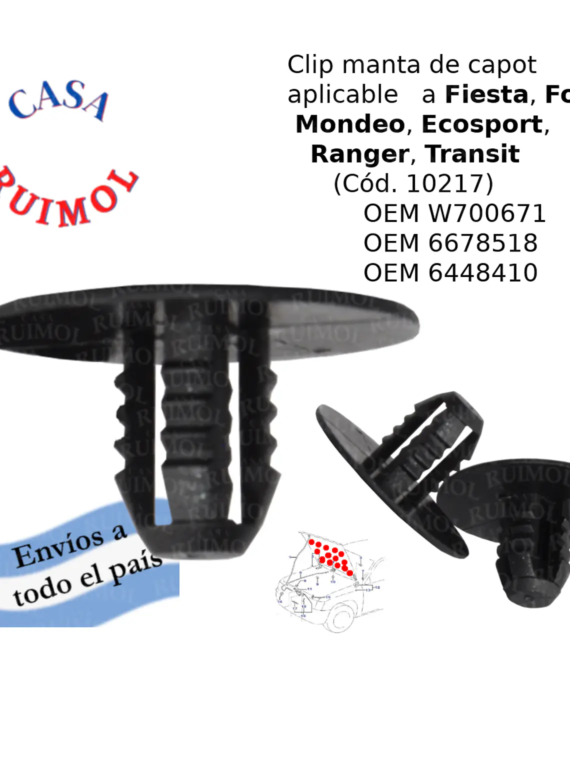 Clip grampa de manta de capot para Ford Ecosport, Fiesta, Ranger, Focus y otros OEM W700671 1