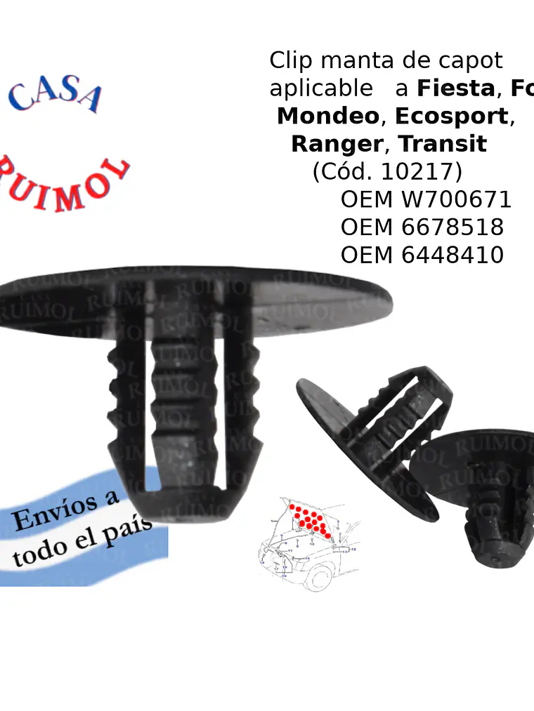 Clip grampa de manta de capot para Ford Ecosport, Fiesta, Ranger, Focus y otros OEM W700671 1