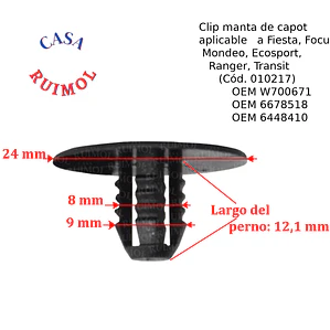 Clip grampa de manta de capot para Ford Ecosport, Fiesta, Ranger, Focus y otros OEM W700671