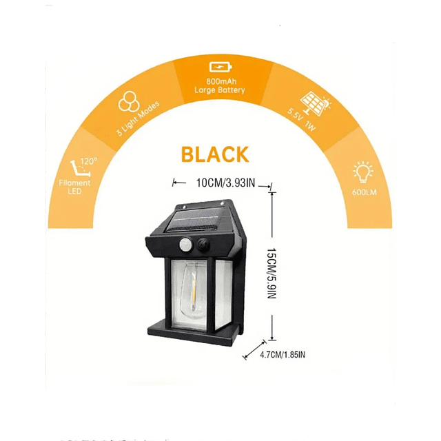 2x Apliqué solar negro con sensor vintage filamento 
