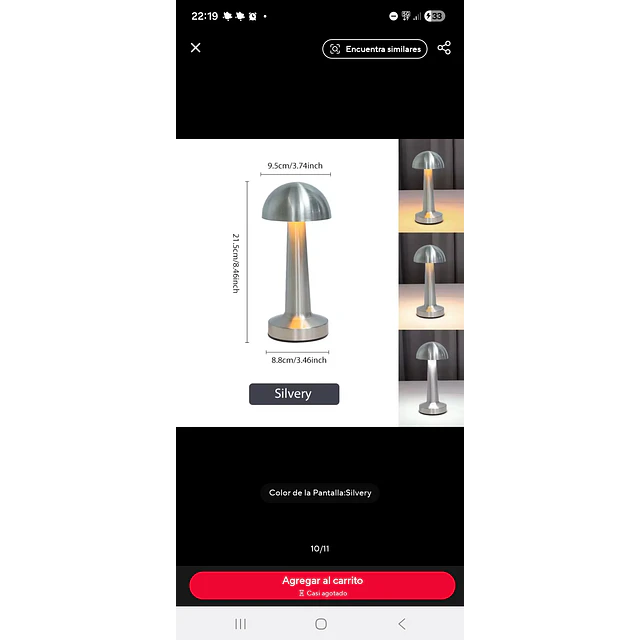 2xLampara hongo PLATA mushroom recargable touch metal, estilo minimalista CYBER