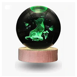 2xEsferas de cristal Gato Gatito Mariposa en nariz, luz multicolor - Base MADERA CYBER