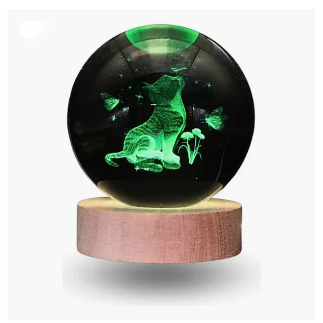 2xEsferas de cristal Gato Gatito Mariposa en nariz, luz multicolor - Base MADERA CYBER