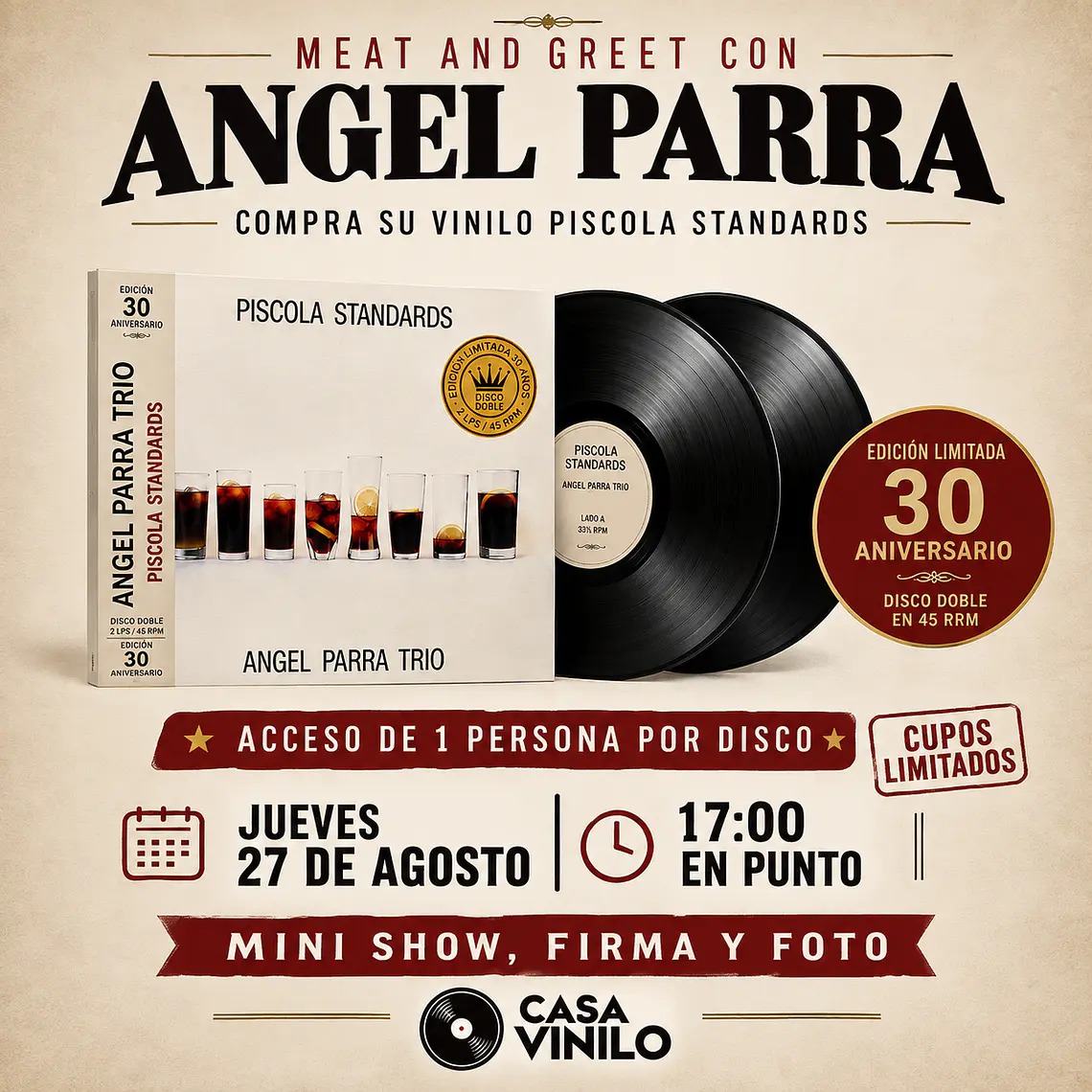 Angel Parra Trío – Piscola Standards.  2LP 45RPM EDICION LIMITADA NUMERADA / MEAT AND GREET / ACCESO 1 PERS. POR COMPRA .  1