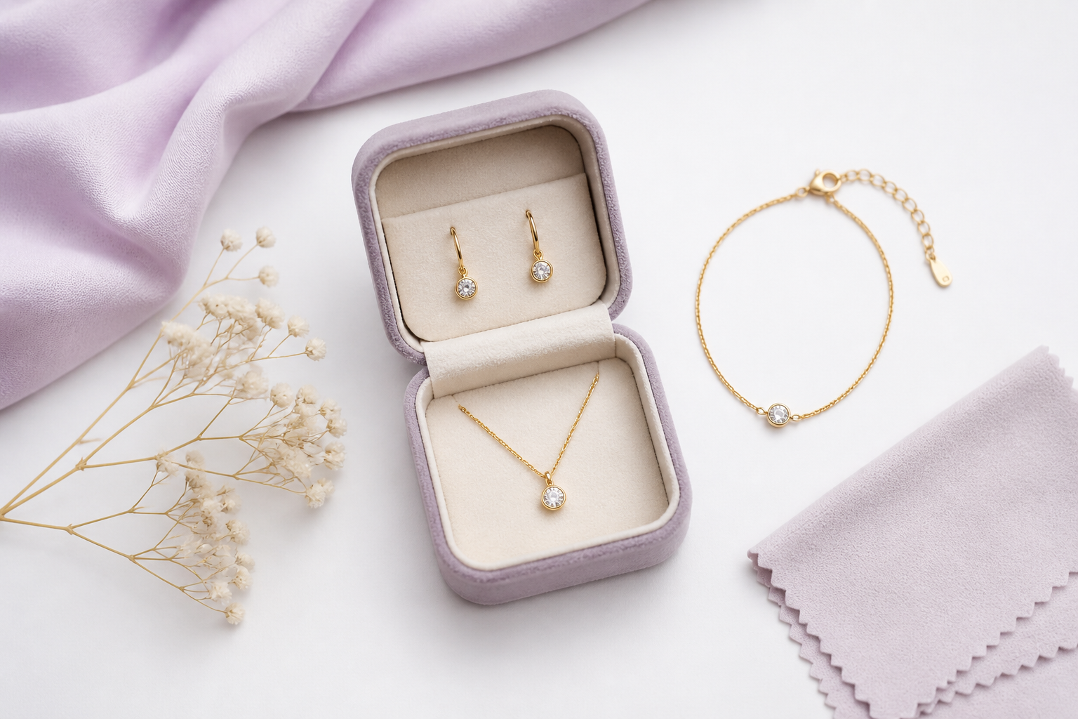 Aros, collar y pulsera dorados preparados en un joyero para una sesión de fotos