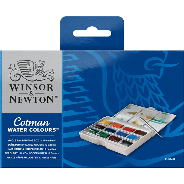 Set Acuarela en pastilla Winsor & Newton Cotman box 12 colores + pincel 