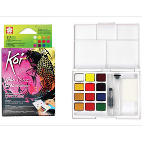 Set Acuarela en pastillas Sakura Koi 12 colores + Pincel de Agua colores fluor + metálicos