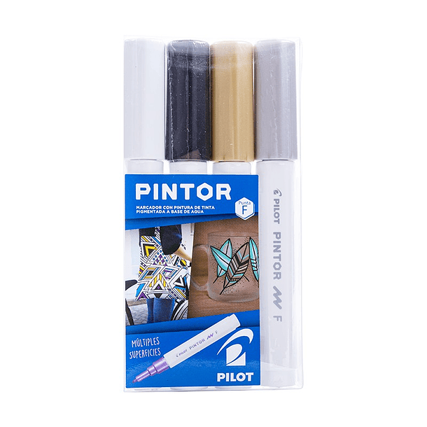 Set Pilot Pintor Fino Blanco-Negro-Oro y Plata  1