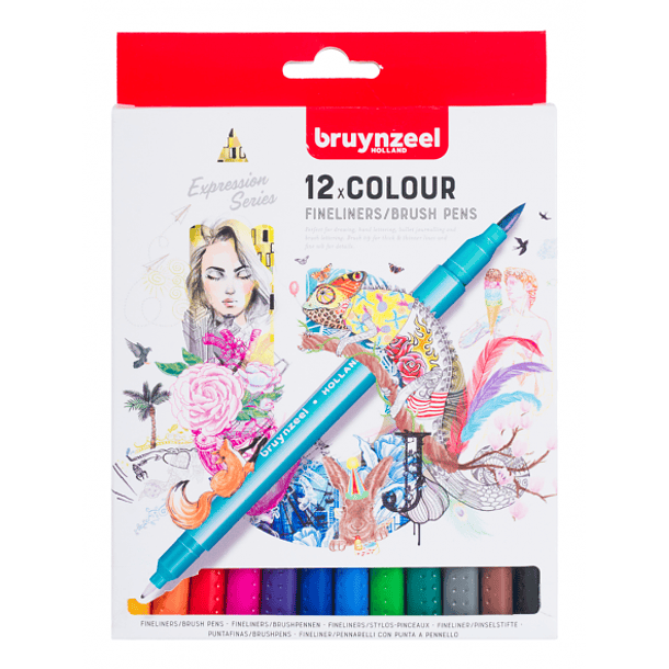 Marcadores Punta Fina/Pincel Bruynzeel 12 Colores 