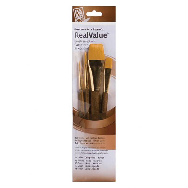 Pinceles Princeton RealValue Mango Corto Café Pelo Sintético Set 4 