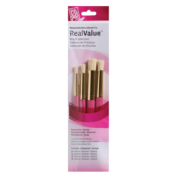 Pinceles Princeton RealValue Mango Corto Fucsia Pelo Natural Cerda Set 4 